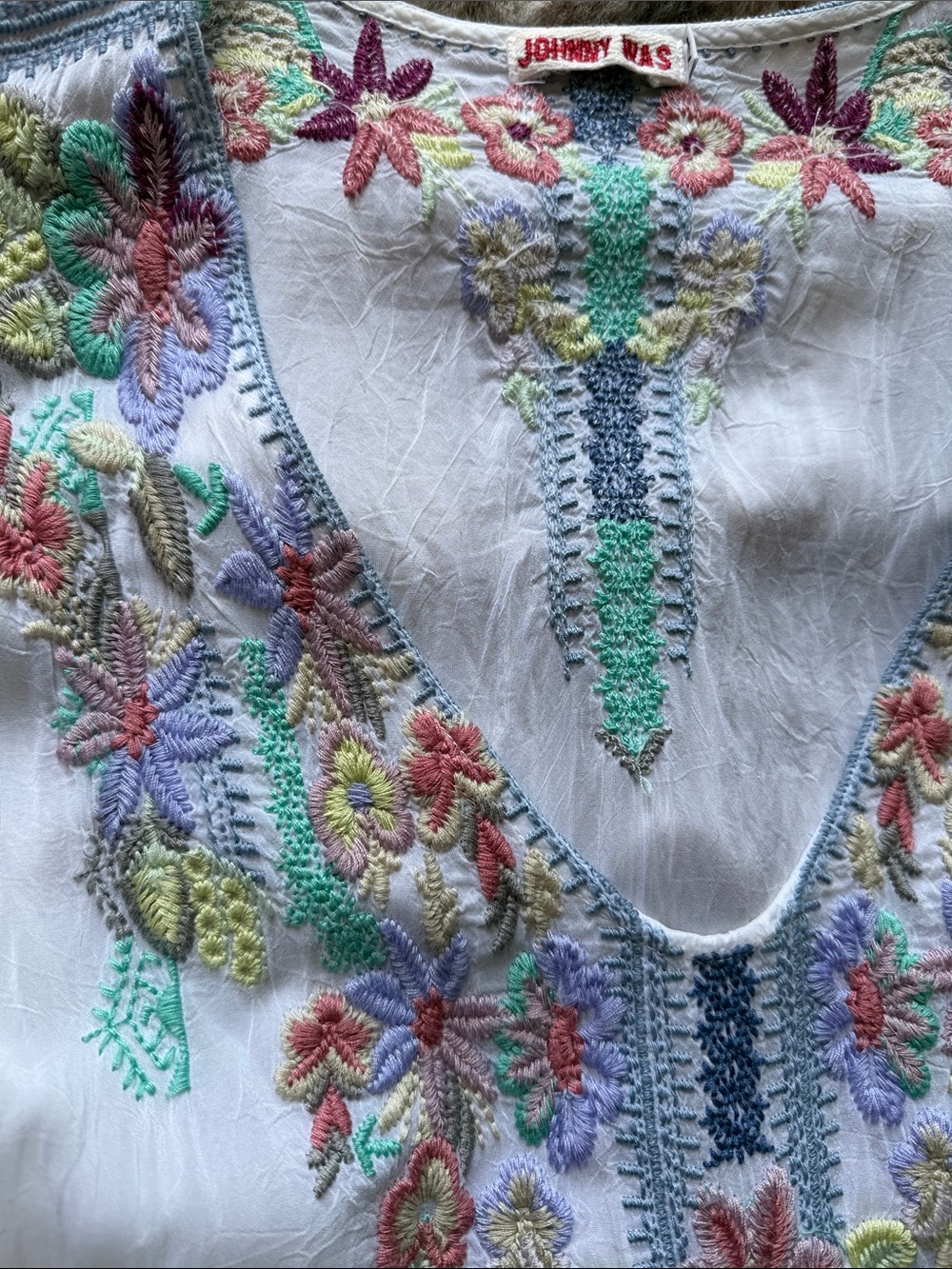 Johnny Was White V-Neck Top with Pastel Floral Embroidery